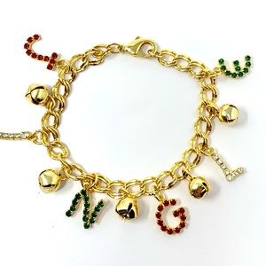 VTG Christmas Charm Bracelet Rhinestone Jingle Bell Hand Made
